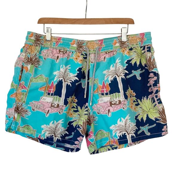 VILEBREQUIN Shorts XXL 5” Inseam Swim Blue Tropical Cars Palms Drawstring Rare